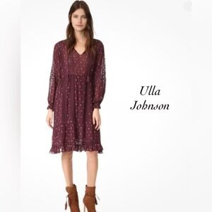 Ulla Johnson Myna Wine Lace Sheer Tassel Ruffle Floral Dress